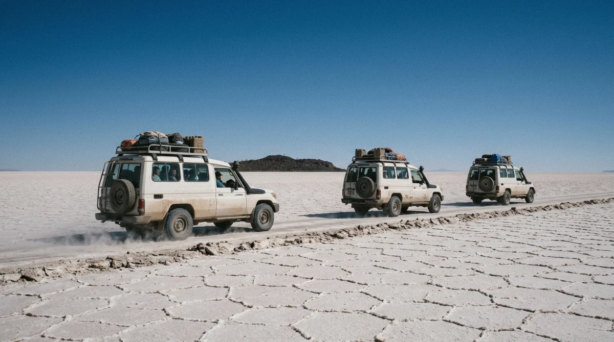 Three 4x4 jeeps with roof racks crossing the salt crust on an Uyuni salt flats tour