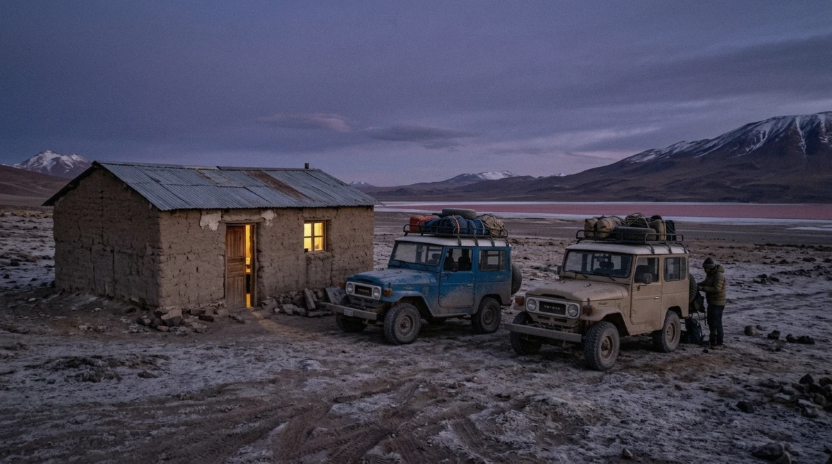 A basic refuge near Laguna Colorada at dusk on a three-day Uyuni salt flats tour